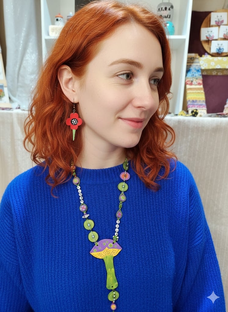 sautoir champignon pois libre argile polymère bijou fantaisie artisanal coloré avec message liberté