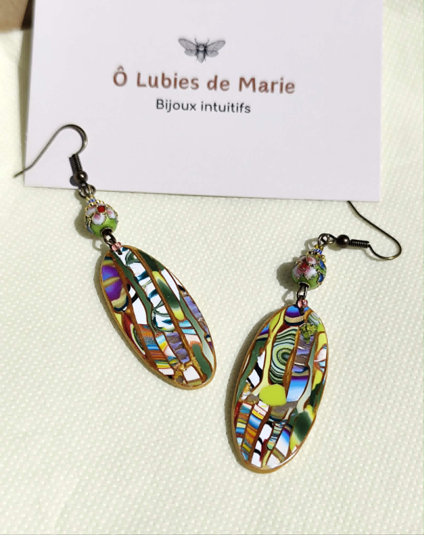 boucles oreilles argile polymère mosaïque ovales multicolores légères pendantes